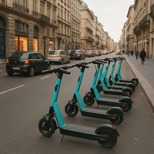 Electric scooters parked on a busy European street