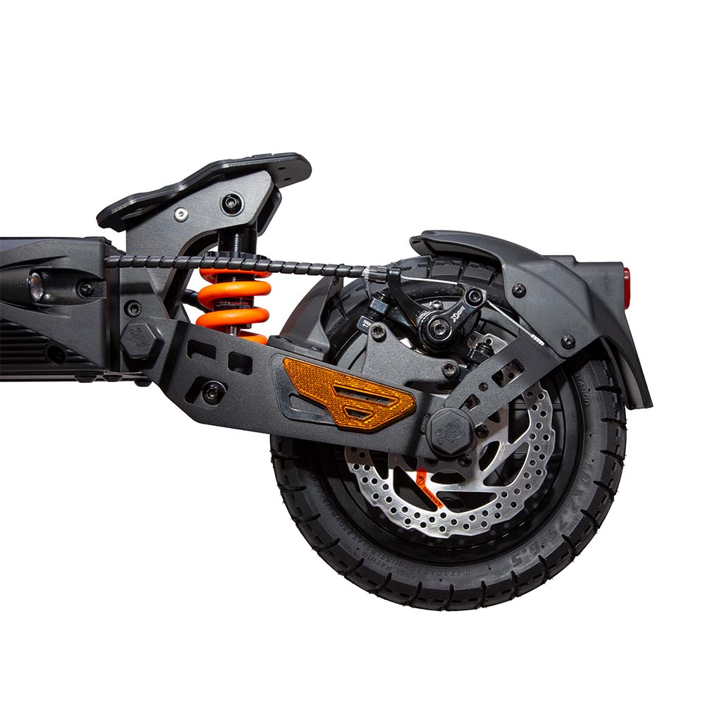 Rear wheel close-up of Kukirin scooter G2 Master, e scooter for adults with heavy-duty tread design.