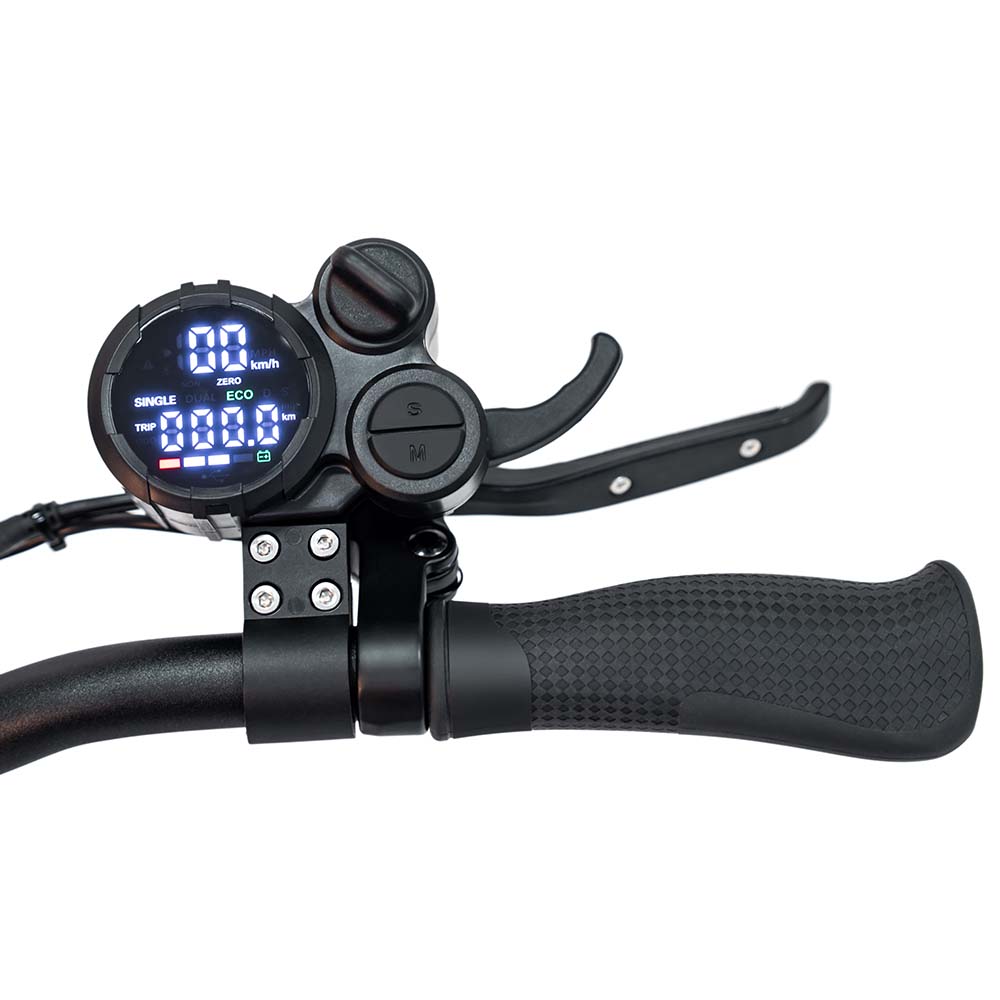 Close-up of Kukirin M4 Max e-scooter display screen showing speed, battery, and ride information