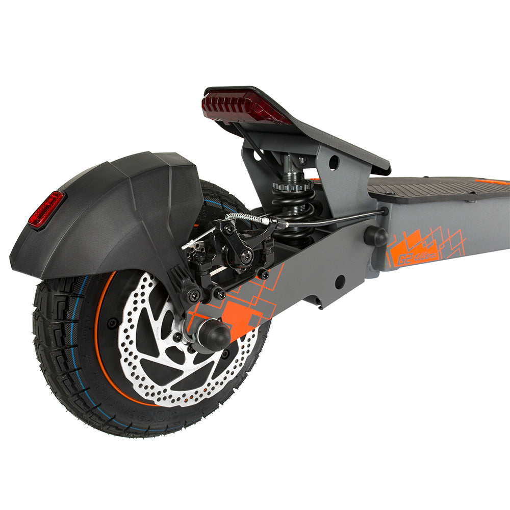 Kukirin G2 Ultra rear wheel detail showing suspension and braking system